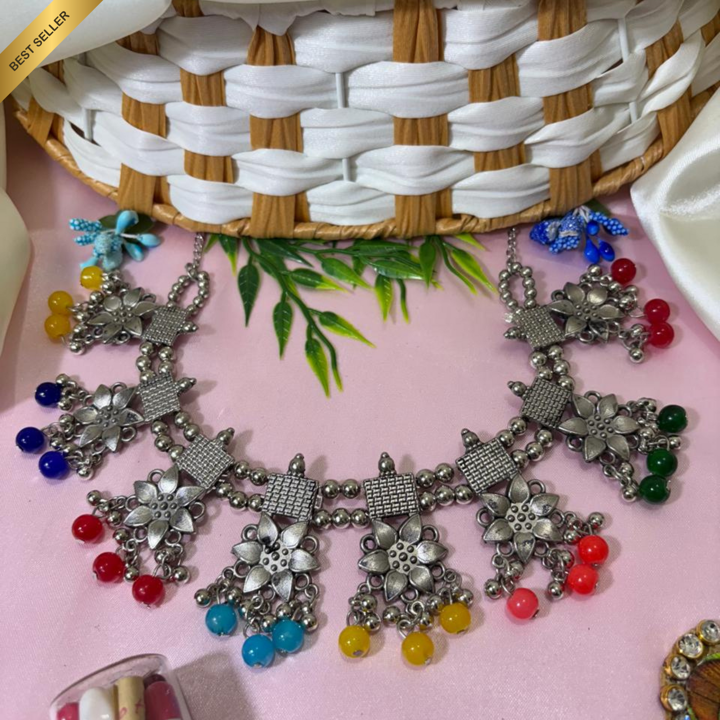 Oxidised Floral Bead Necklace