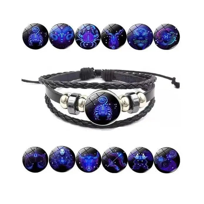 Zodiac Constellation Braided Design Black Leather Bracelet Adjustable mkp0fp-jd