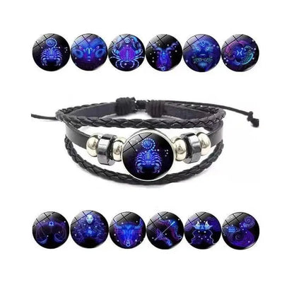 Zodiac Constellation Braided Design Black Leather Bracelet Adjustable mkp0fp-jd