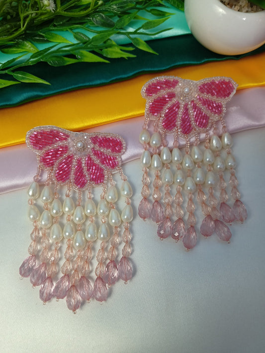 Pink Beaded Pearl Dangler Earrings